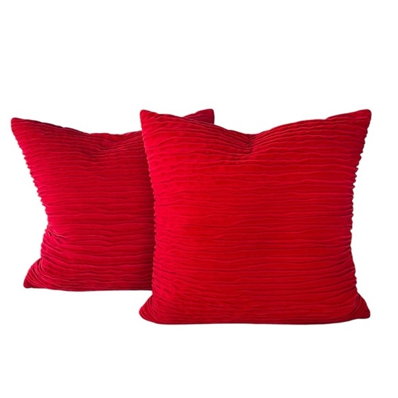 Crate & Barrel Lyra Red Velvet Textured Accent Pillow Set 20 x 20 Down Insert - Picture 2 of 9